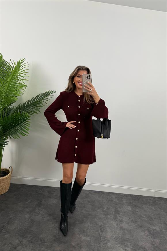 Marka Model Premium Seri Düğmeli Triko Kloş Elbise Bordo