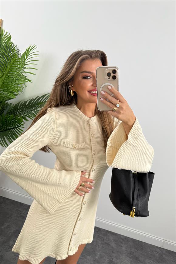Marka Model Premium Seri Düğmeli Triko Kloş Elbise Taş