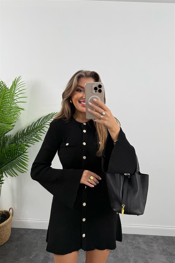 Marka Model Premium Seri Düğmeli Triko Kloş Elbise Siyah