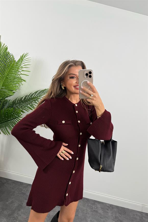 Marka Model Premium Seri Düğmeli Triko Kloş Elbise Bordo