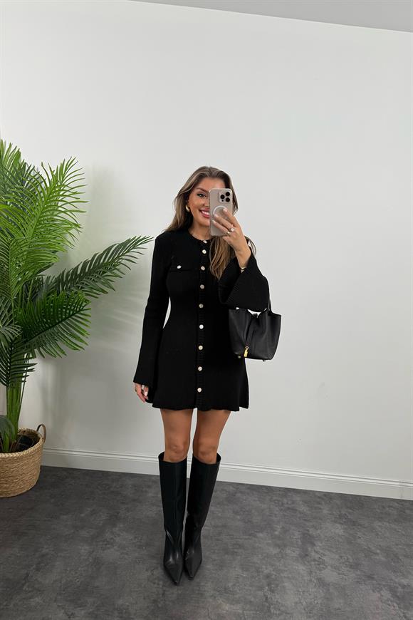 Marka Model Premium Seri Düğmeli Triko Kloş Elbise Siyah
