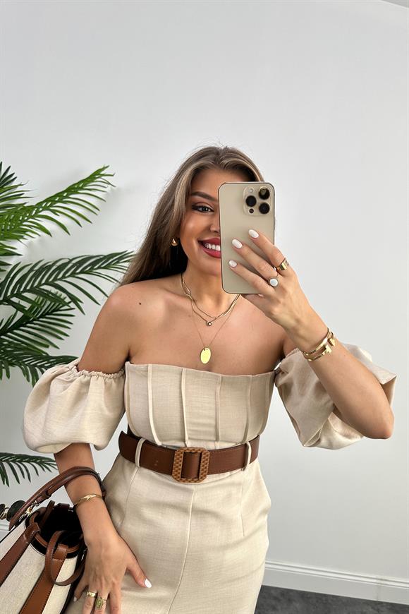 Marka Model Prenses Kol Kemerli Bol Paça Keten Tulum