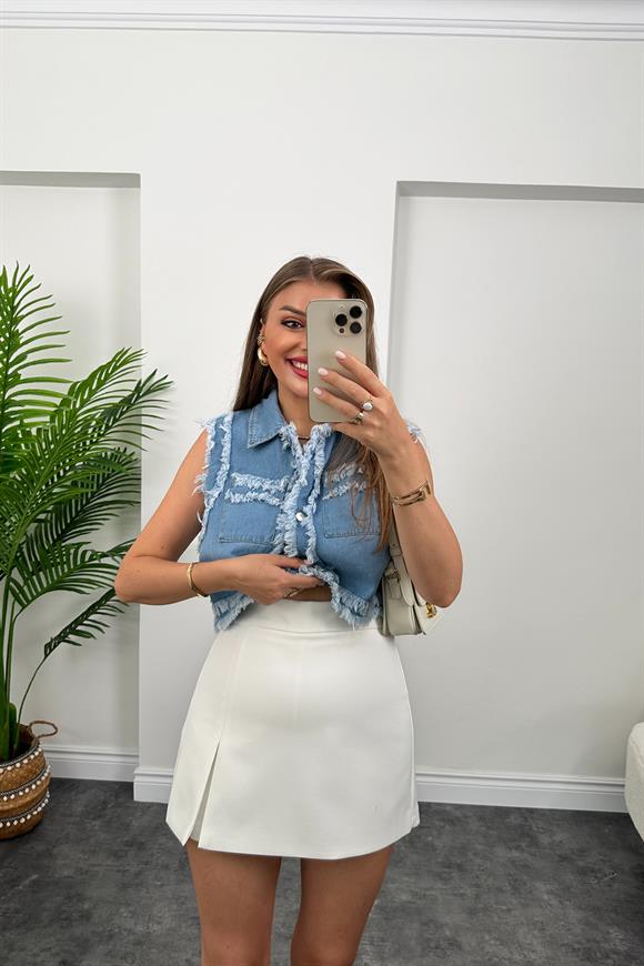 Marka Model Püsküllü Jean Yelek Açık Mavi