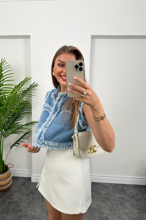 Marka Model Püsküllü Jean Yelek Açık Mavi