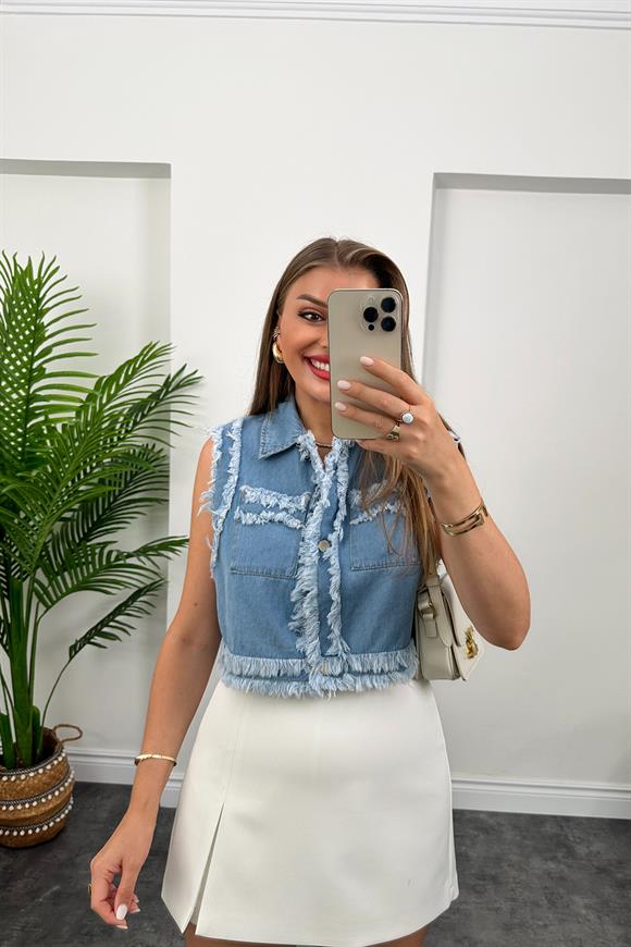 Marka Model Püsküllü Jean Yelek Açık Mavi