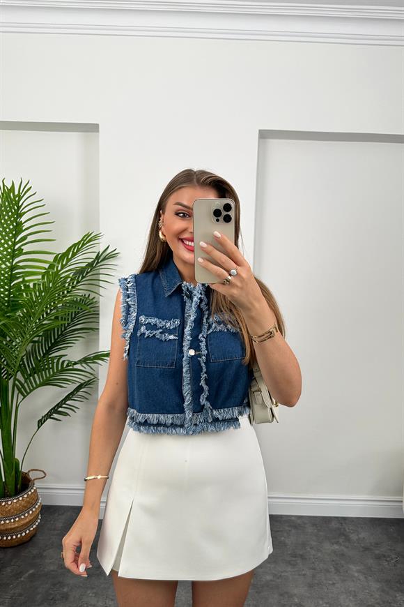 Marka Model Püsküllü Jean Yelek Koyu Mavi
