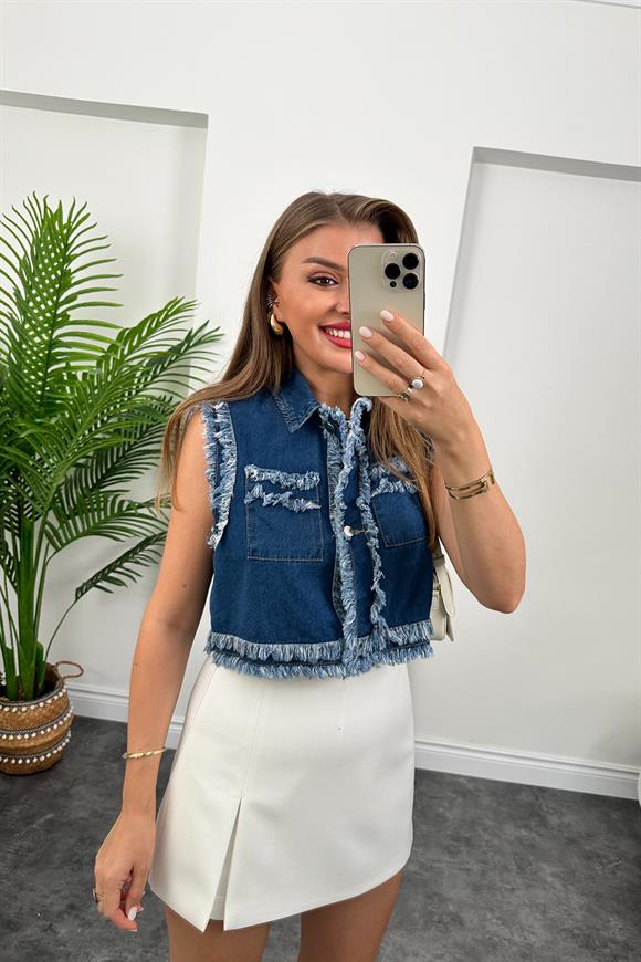Marka Model Püsküllü Jean Yelek Koyu Mavi