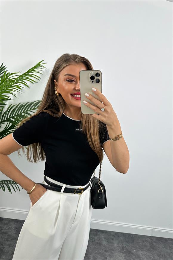 Marka Model Tam Pamuklu Yakası Kolları Oyalı Lüx Basic Bluz Siyah