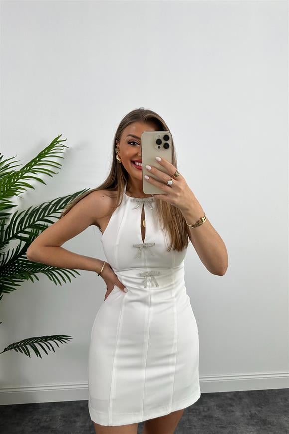 Marka Model Tasarım Fiyonklu Elbise Beyaz