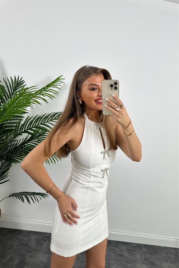 Marka Model Tasarım Fiyonklu Elbise Beyaz