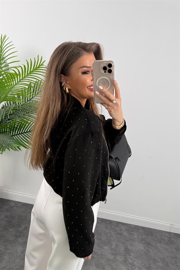 Marka Model Taşlı Nubuk Bomber Ceket Siyah