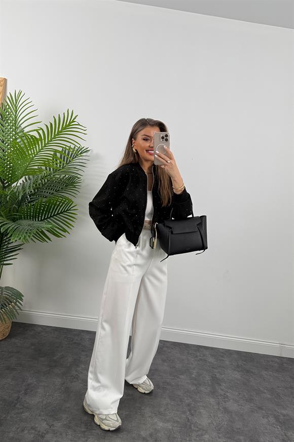Marka Model Taşlı Nubuk Bomber Ceket Siyah