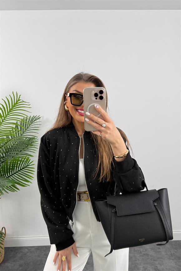 Marka Model Taşlı Nubuk Bomber Ceket Siyah