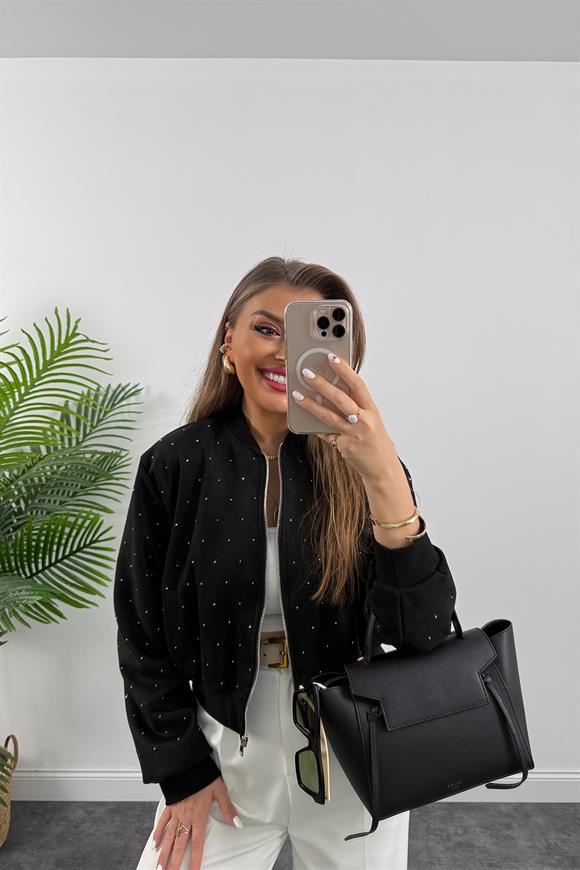 Marka Model Taşlı Nubuk Bomber Ceket Siyah