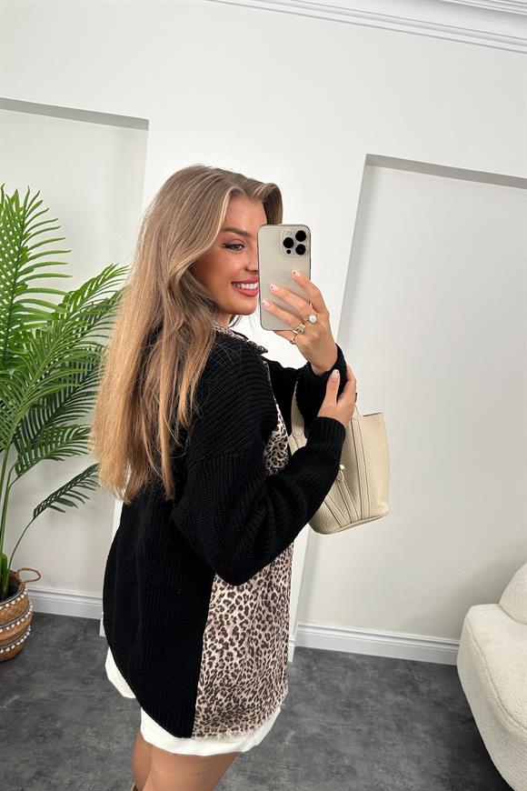 Marka Model Triko Mixli Önü Komple Gabardin Tasarım Leopar Ceket Siyah