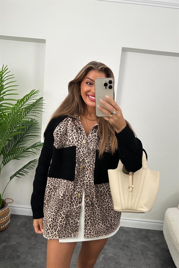 Marka Model Triko Mixli Önü Komple Gabardin Tasarım Leopar Ceket Siyah