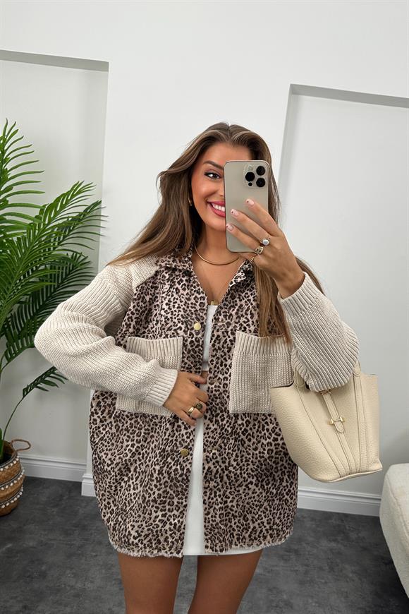 Marka Model Triko Mixli Önü Komple Gabardin Tasarım Leopar Ceket Taş 