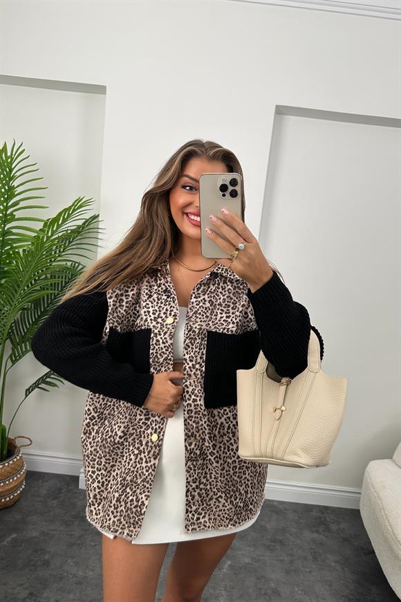 Marka Model Triko Mixli Önü Komple Gabardin Tasarım Leopar Ceket Siyah