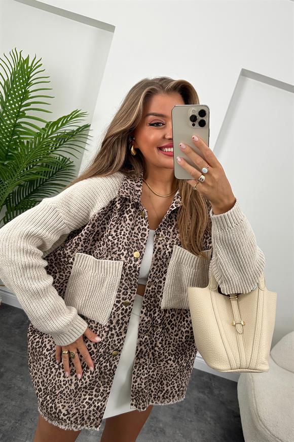 Marka Model Triko Mixli Önü Komple Gabardin Tasarım Leopar Ceket Taş 