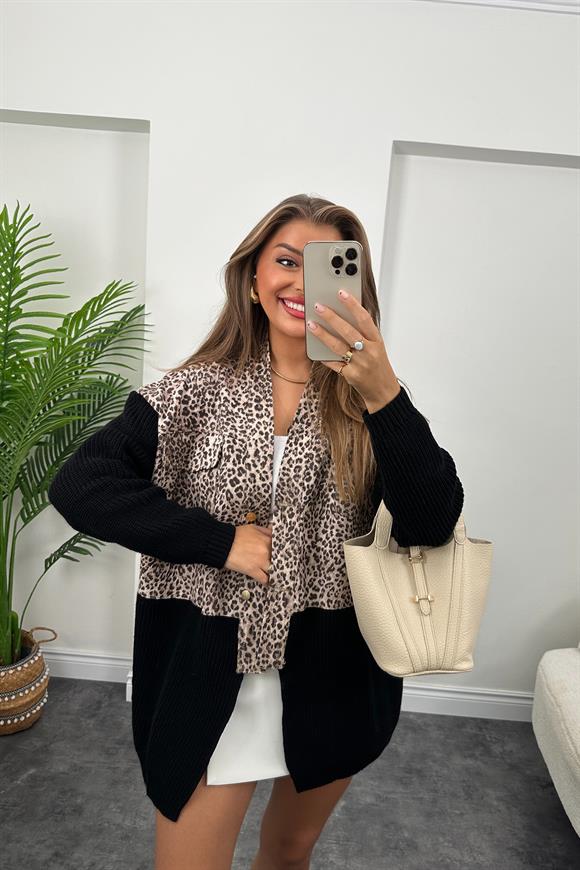Marka Model Triko Mixli Üstü Gabardin Tasarım Leopar Ceket Siyah