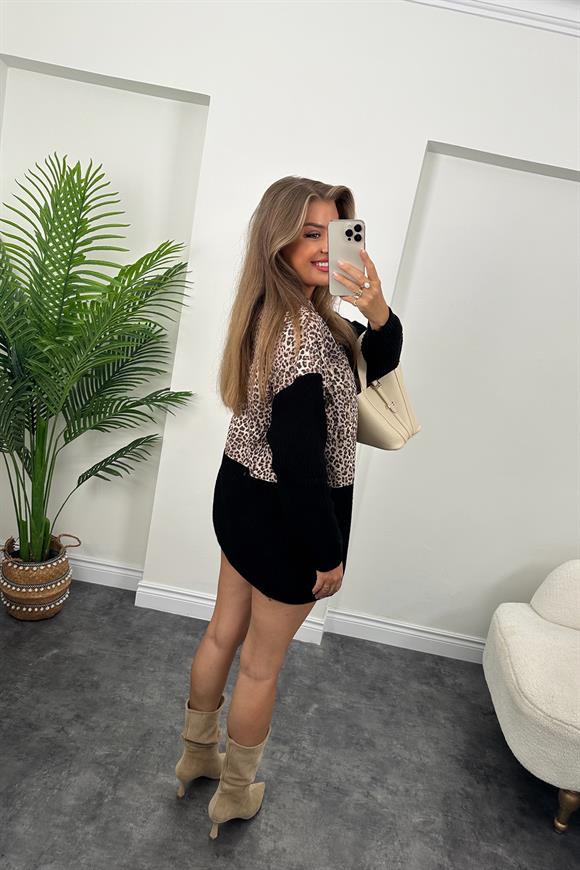 Marka Model Triko Mixli Üstü Gabardin Tasarım Leopar Ceket Siyah