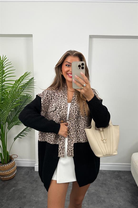 Marka Model Triko Mixli Üstü Gabardin Tasarım Leopar Ceket Siyah