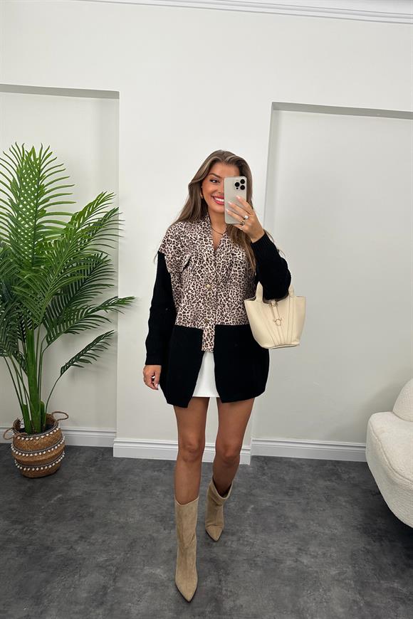 Marka Model Triko Mixli Üstü Gabardin Tasarım Leopar Ceket Siyah