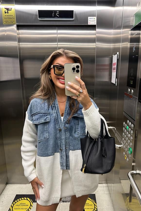 Marka Model  Üstü Mavi Jeanli Triko Mixli Tasarım Ceket Ekru