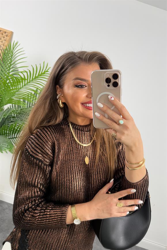 Marka Model Varaklı Yırtık Tasarımlı Yumoş Kazak Bakır