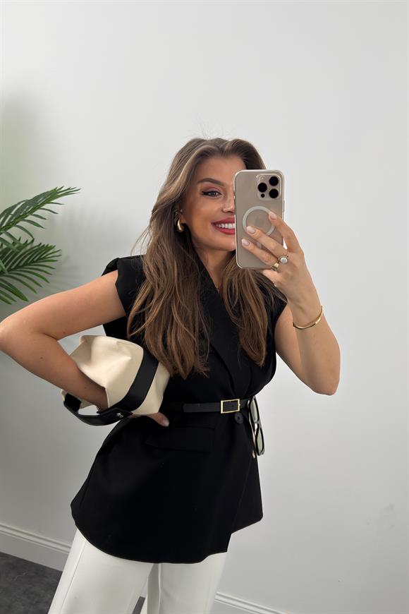 Marka Model Vatkalı Kemerli Pamuk Dokuma Kumaş Yelek Siyah