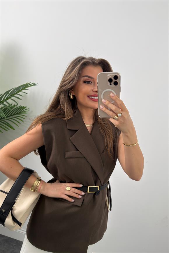 Marka Model Vatkalı Kemerli Pamuk Dokuma Kumaş Yelek Koyu Kahve