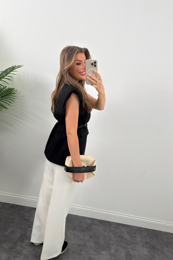 Marka Model Vatkalı Kemerli Pamuk Dokuma Kumaş Yelek Siyah