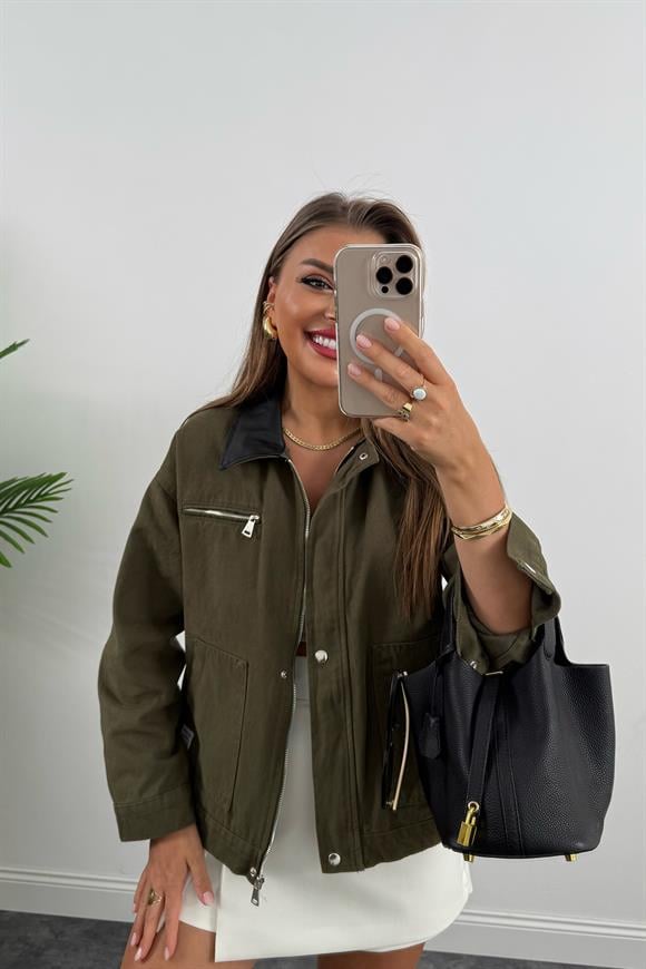 Marka Model Yaka Kontrast Gabardin Ceket Haki