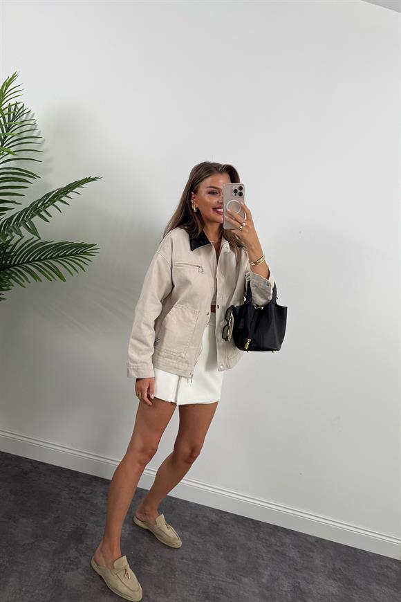 Marka Model Yaka Kontrast Gabardin Ceket Taş