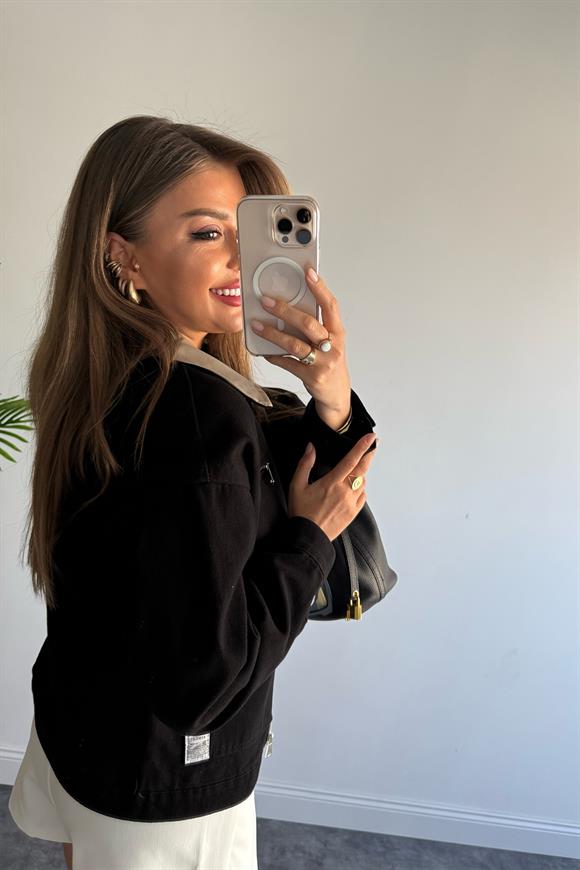 Marka Model Yaka Kontrast Gabardin Ceket Siyah