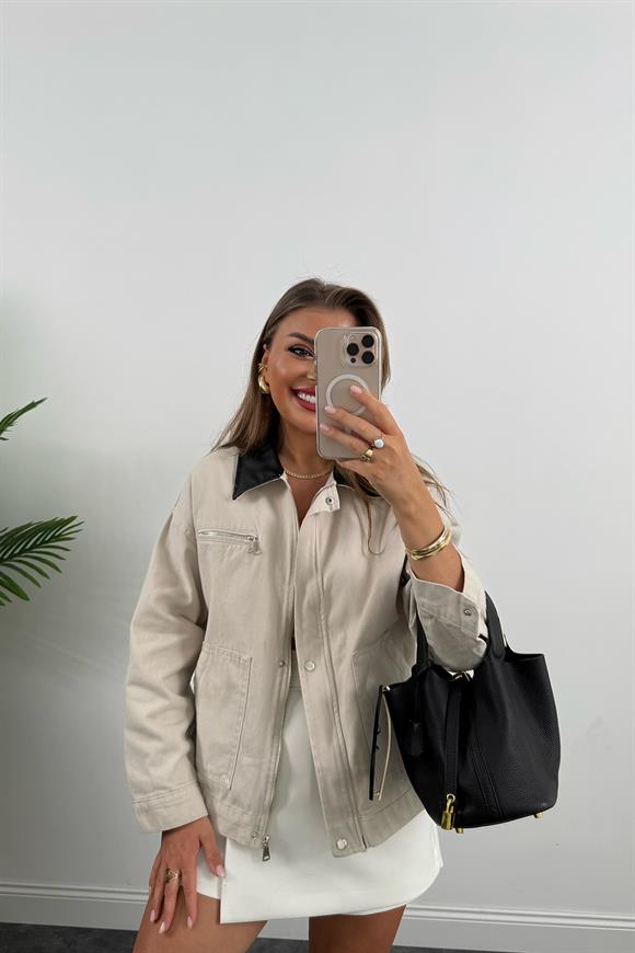 Marka Model Yaka Kontrast Gabardin Ceket Taş