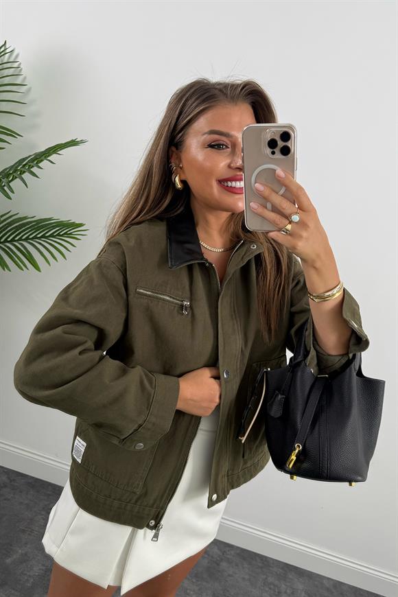 Marka Model Yaka Kontrast Gabardin Ceket Haki