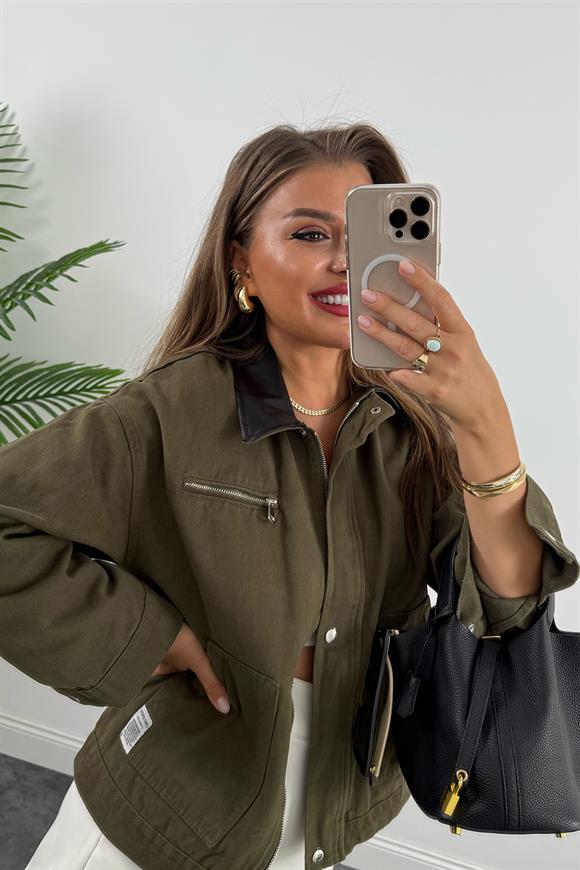 Marka Model Yaka Kontrast Gabardin Ceket Haki