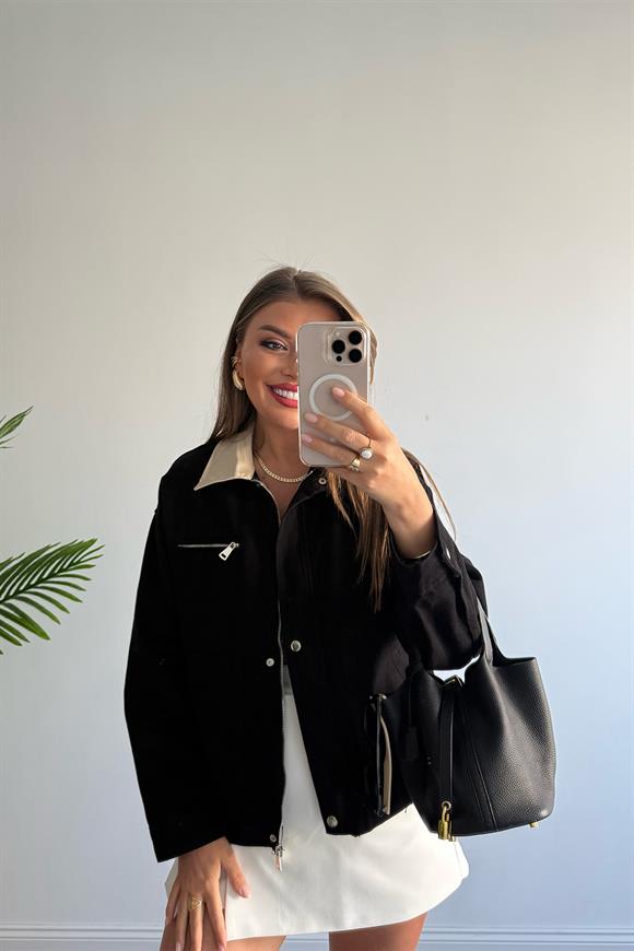 Marka Model Yaka Kontrast Gabardin Ceket Siyah