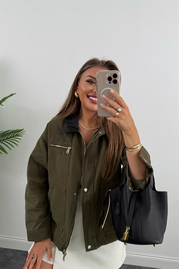 Marka Model Yaka Kontrast Gabardin Ceket Haki