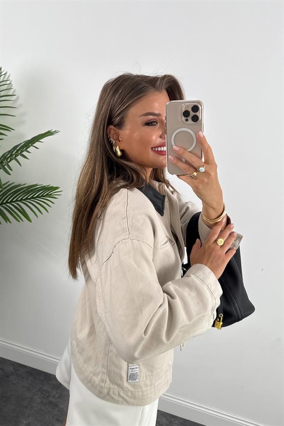 Marka Model Yaka Kontrast Gabardin Ceket Taş