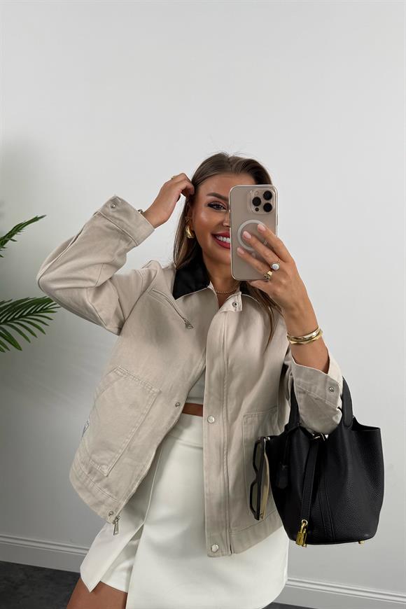 Marka Model Yaka Kontrast Gabardin Ceket Taş