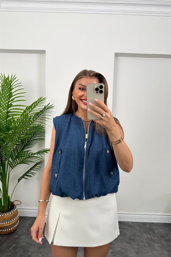 Marka Model Yazlık Keten Kumaş Bomber Yelek İndigo