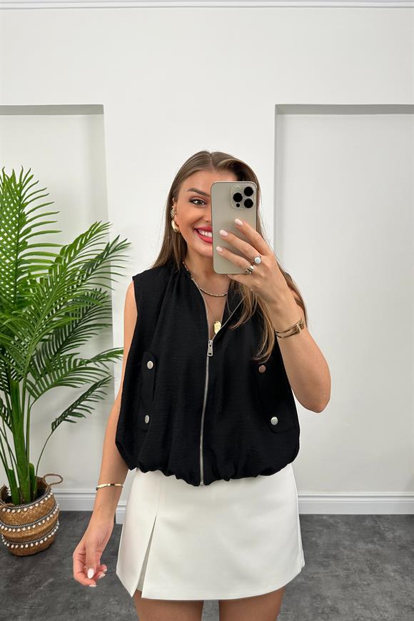 Marka Model Yazlık Keten Kumaş Bomber Yelek Siyah