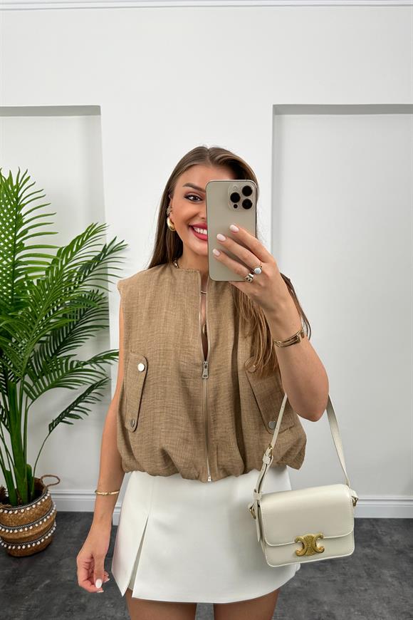 Marka Model Yazlık Keten Kumaş Bomber Yelek Camel