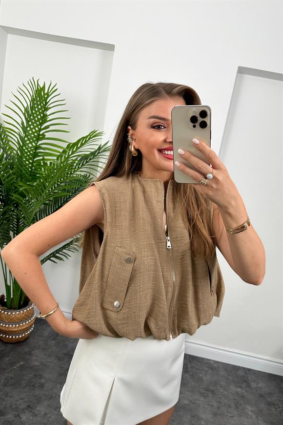 Marka Model Yazlık Keten Kumaş Bomber Yelek Camel