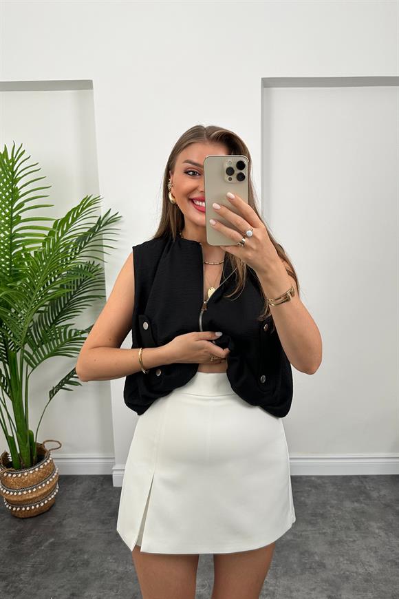 Marka Model Yazlık Keten Kumaş Bomber Yelek Siyah