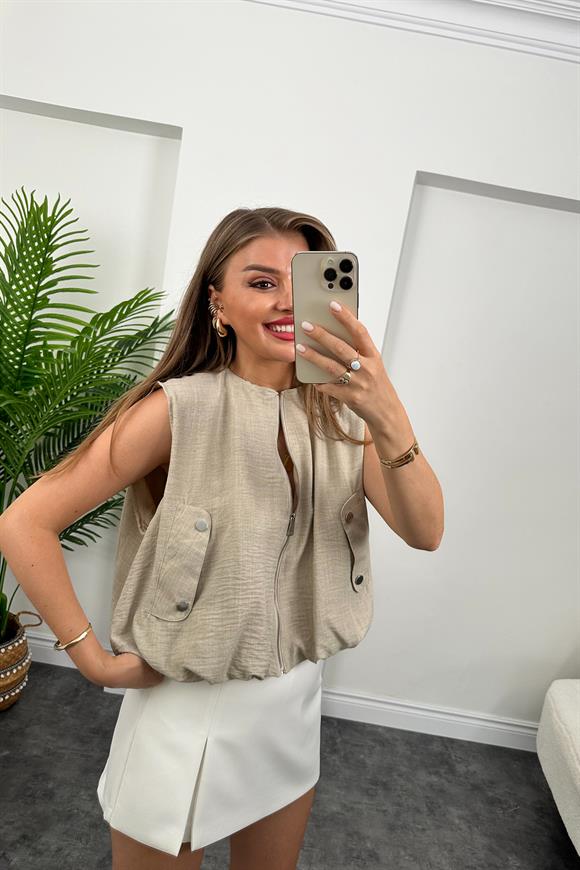 Marka Model Yazlık Keten Kumaş Bomber Yelek  Taş