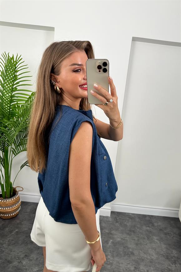 Marka Model Yazlık Keten Kumaş Bomber Yelek İndigo