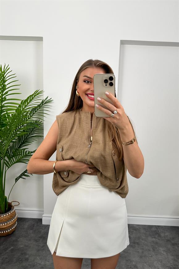 Marka Model Yazlık Keten Kumaş Bomber Yelek Camel